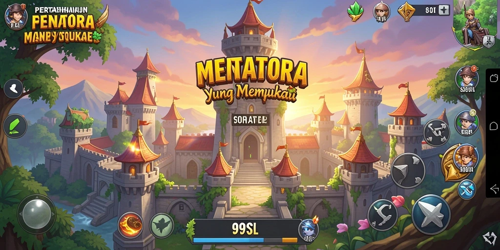 Tangkapan layar 99SL menampilkan aksi seru dengan menara bertahan melawan musuh.