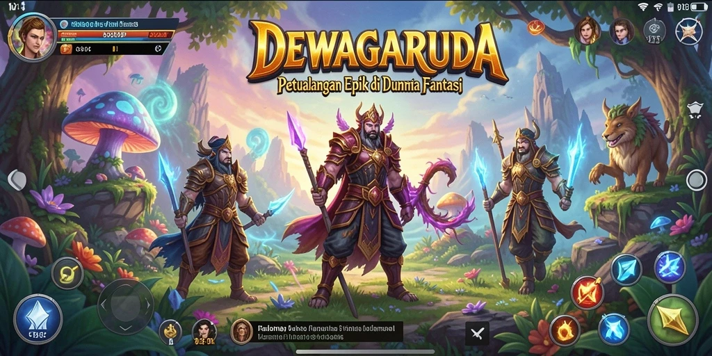 Screenshot gameplay DEWAGARUDA menampilkan pertarungan epik di dunia fantasi.