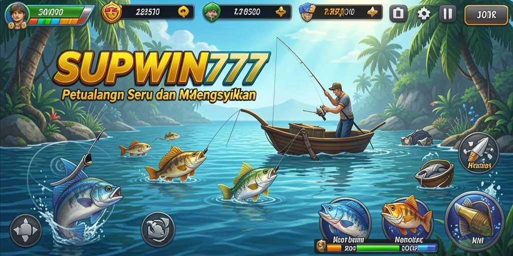 Tampilan gameplay SUPWIN777 menampilkan seorang pemain yang menangkap ikan di tengah pemandangan alam yang menakjubkan.